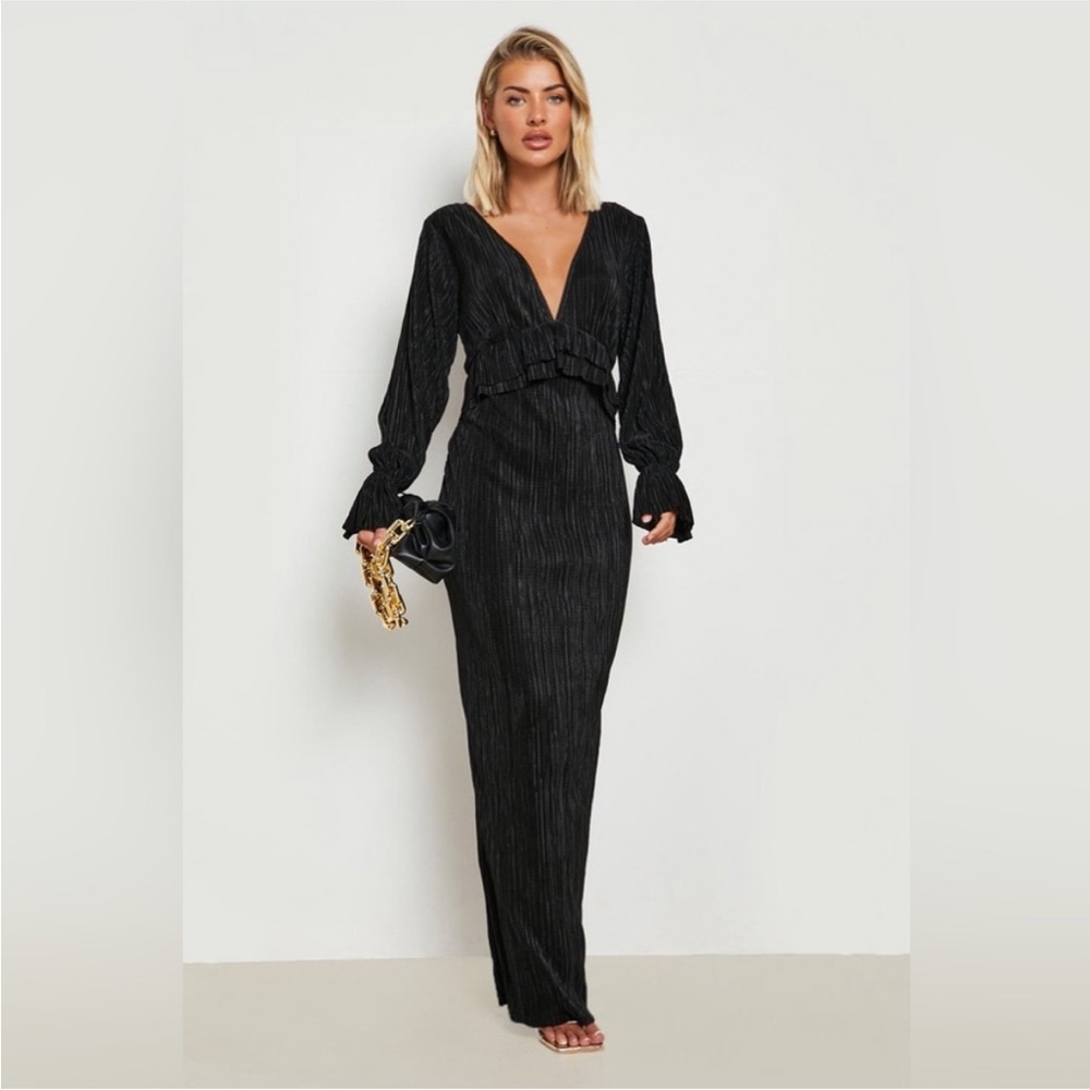 Boohoo PLISSE LONG SLEEVE RUFFLE DETAIL MAXI DRESS - Picture 2 of 4